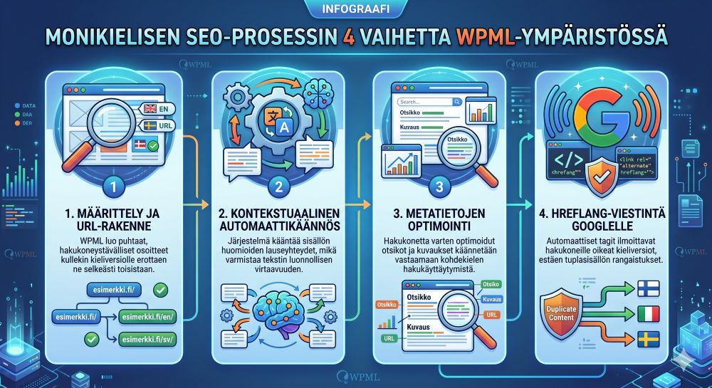 SEO optimointi ja Hakukonenäkyys monikielisten kotisivujen optimoinnissa - prosessikaavio