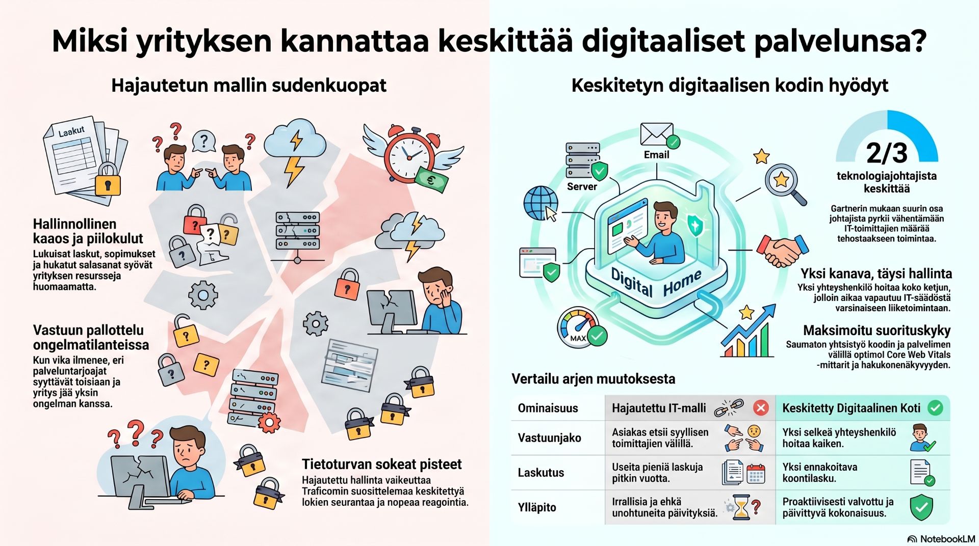 Yrityksen digitaalisen kodin keskittäminen tuo monia etuja. Kuvassa vertaillaan näitä etuja.